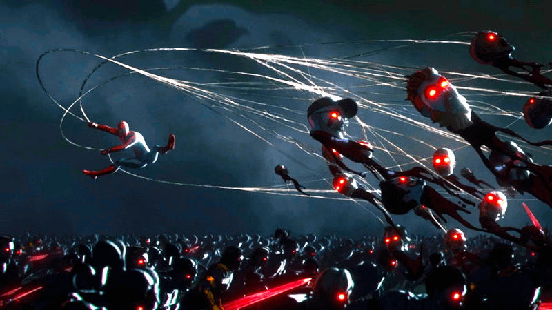 Spider-Man decapitating Zombies with his webs.
