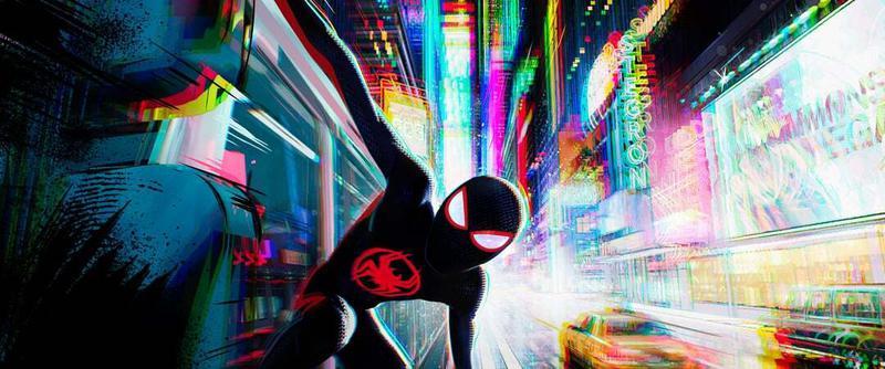 Miles Morales' Spider-Man handing off a building in 'Spider-Man: Beyond the Spider-Verse.'