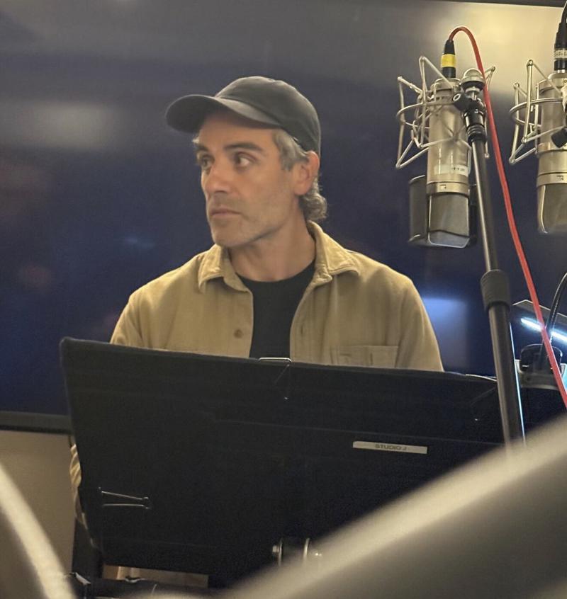 Oscar Isaac recording lines for Spider-Man: Beyond the Spider-Verse.