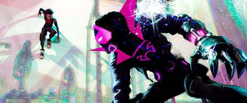 Miles Morales' Spider-Man facing off against Miles G. Morales' Prowler in 'Spider-Man: Beyond the Spider-Verse.'