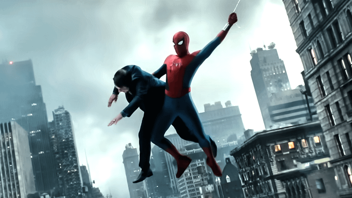 Spider-Man swinging through New York holding a civilian.