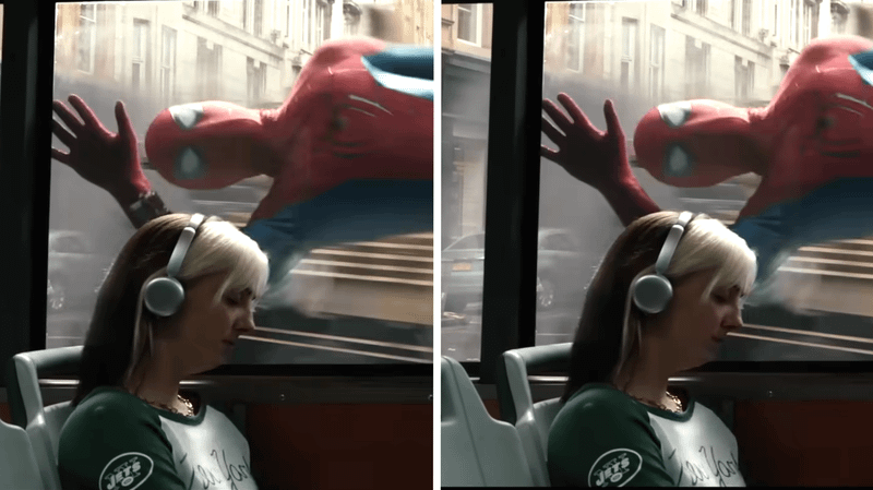 A comparison image showing the original and Brazilian trailer and how Spider-Man is missing his web-shooters.