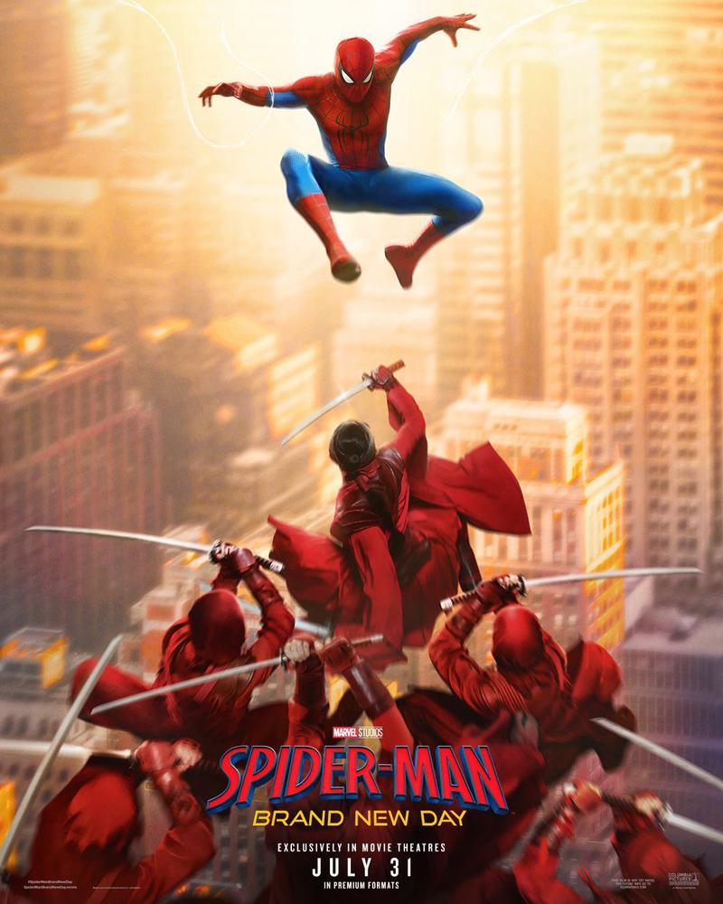poster for 'Spider-Man: Brand New Day' with Spider-Man jumping down in front of the Hand.
