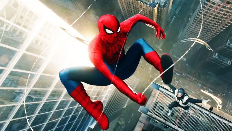Tom Holland swinging with webs as Spider-Man.