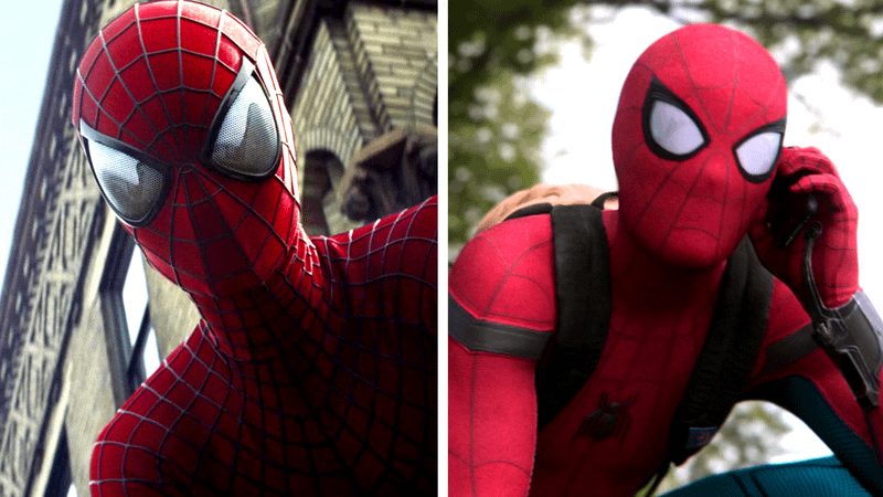Andrew Garfield's Spider-Man next to Tom Holland's Spider-Man.