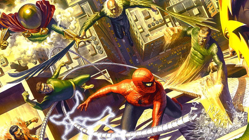 Mysterio, Kraven, Vulture, Sandman, Electro, Doc Ock, and Spider-Man from Marvel Comics.