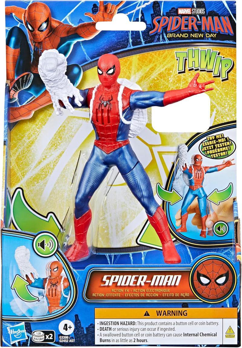 An action figure of Spider-Man from Brand New Day showing him with a webbed up giant fist and a backpack made of webbing.