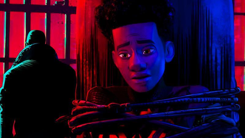 Across the SpiderVerse Ending, Miles Morales tied up.