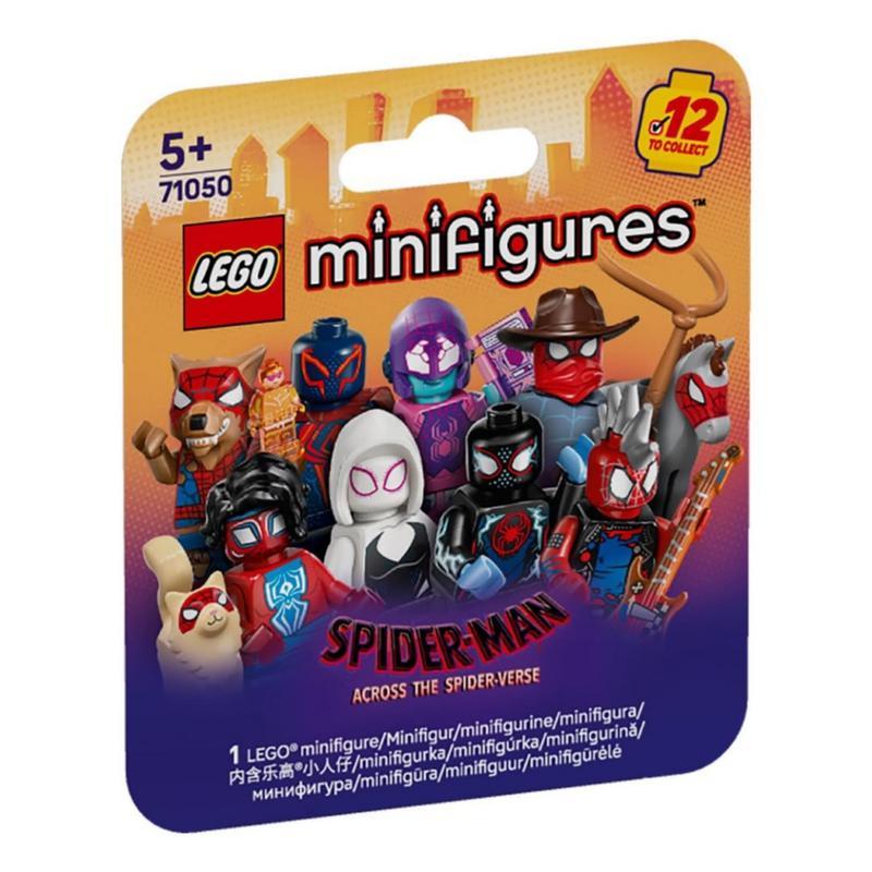 LEGO minifigs for Spider-Punk, Spider-Man India, Spider-cat, Spider-Byte, Werewolf Spider-Man, Peter B. Parker, Mayday Parker, Miles G. Morales, Miles Morales, Cowboy Spider-Man, and Spider-Man 2099 from Spider-Man: Across the Spider-Verse package