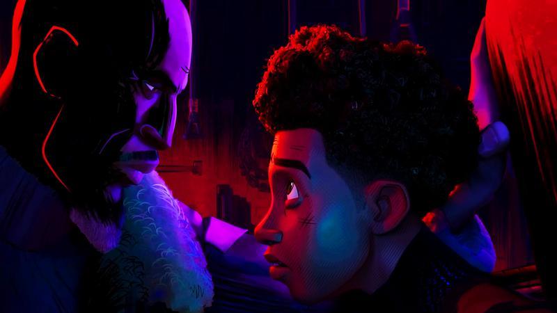 Aaron Davis holding Miles Morales to a punching bag in 'Spider-Man: Across the Spider-Verse.'