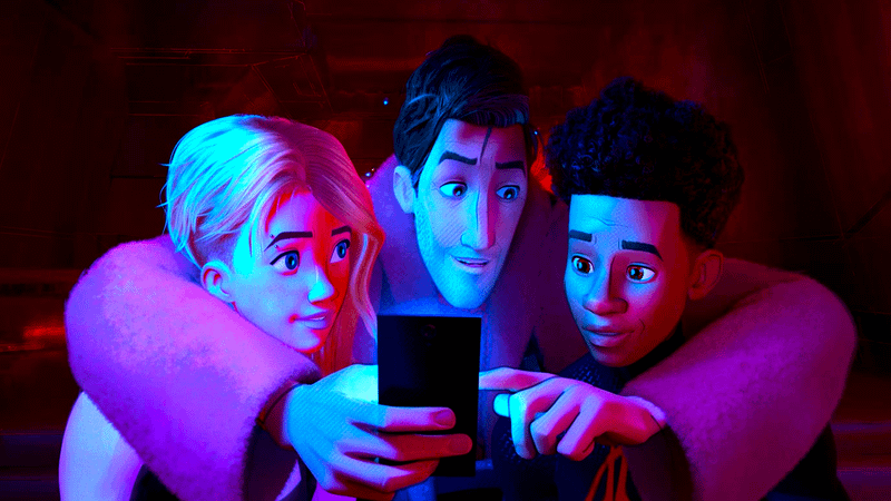 Gwen Stacy, Peter Parker and Miles Morales watching a screen together.