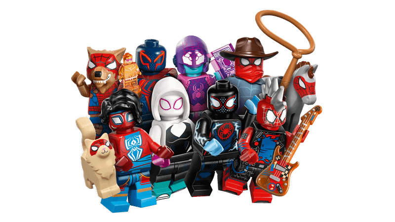 LEGO minifigs for Spider-Punk, Spider-Man India, Spider-cat, Spider-Byte, Werewolf Spider-Man, Peter B. Parker, Mayday Parker, Miles G. Morales, Miles Morales, Cowboy Spider-Man, and Spider-Man 2099 from Spider-Man: Across the Spider-Verse