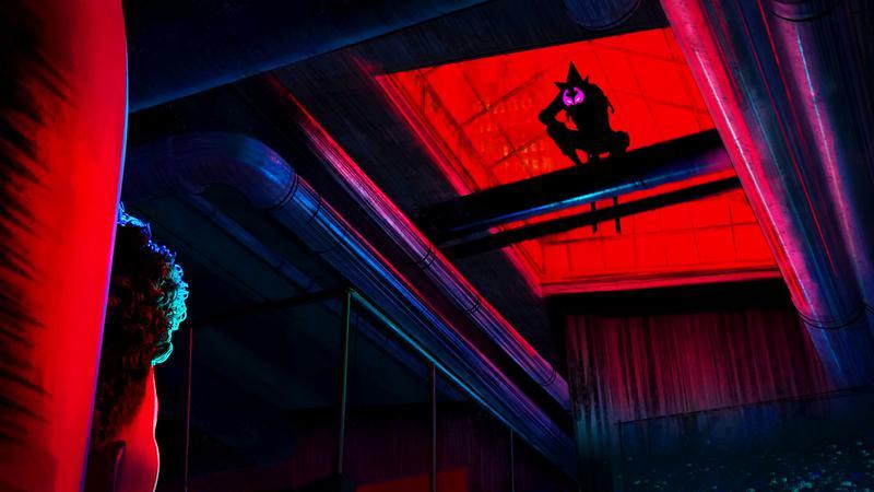 Prowler looking down at Miles Morales in 'Spider-Man: Across the Spider-Verse.'