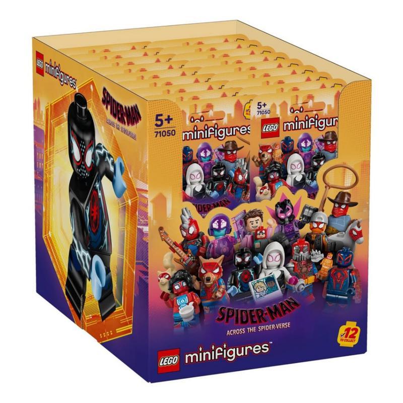 LEGO minifigs for Spider-Punk, Spider-Man India, Spider-cat, Spider-Byte, Werewolf Spider-Man, Peter B. Parker, Mayday Parker, Miles G. Morales, Miles Morales, Cowboy Spider-Man, and Spider-Man 2099 from Spider-Man: Across the Spider-Verse minifigure pagacks