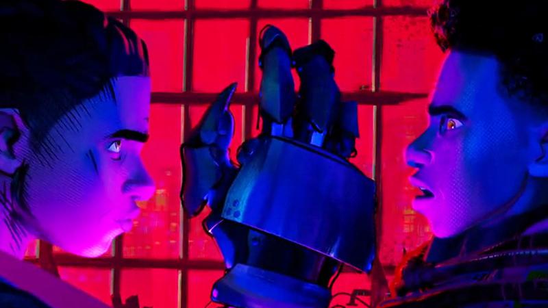 Miles Morales tied up with Miles G Morales Prowler in Across the Spider-Verse.