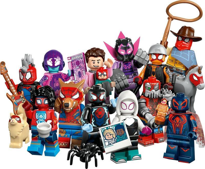 LEGO minifigs for Spider-Punk, Spider-Man India, Spider-cat, Spider-Byte, Werewolf Spider-Man, Peter B. Parker, Mayday Parker, Miles G. Morales, Miles Morales, Cowboy Spider-Man, and Spider-Man 2099 from Spider-Man: Across the Spider-Verse