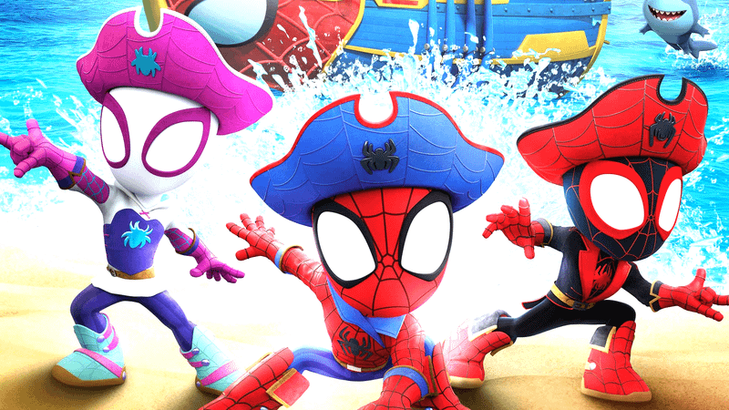 Ghost, Spidey, and Spin in pirate costumes on a beach in Marvel's Spidey and His Amazing Friends