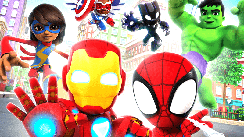 Spider-Man, Iron Man and several other Avengers on the street of New York City in Marvel's Spidey and Iron Man: Avengers Team-Up!