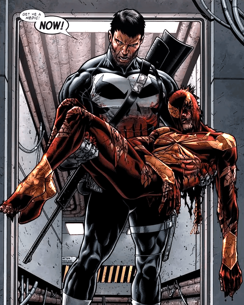 The Punisher carries beaten up Spider-Man in Marvel Comics.