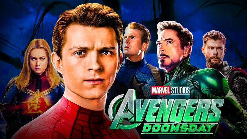 Captain Marvel, Spider-Man, Captain America, green-suited Iron Man, Thor, 'Avengers: Doomsday' logo