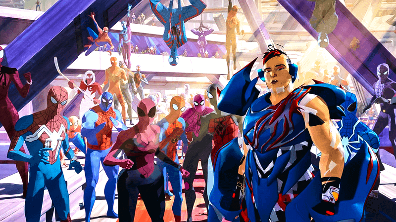 Spider-Men staring at screen in 'Spider-Man: Across the Spider-Verse.'