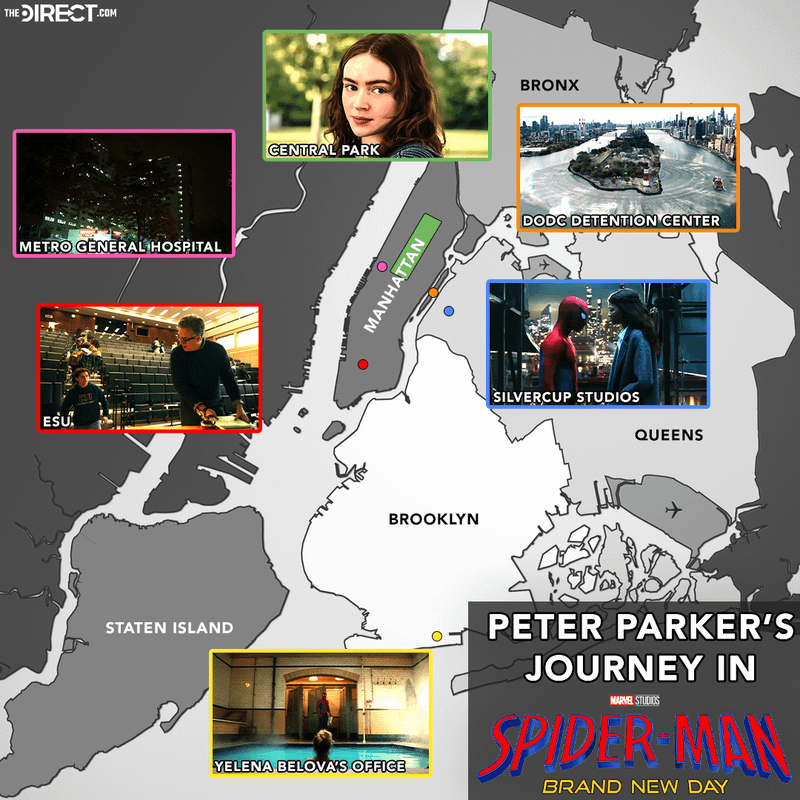 Map of New York City with Spider-Man: Brand New Day locations of scenes