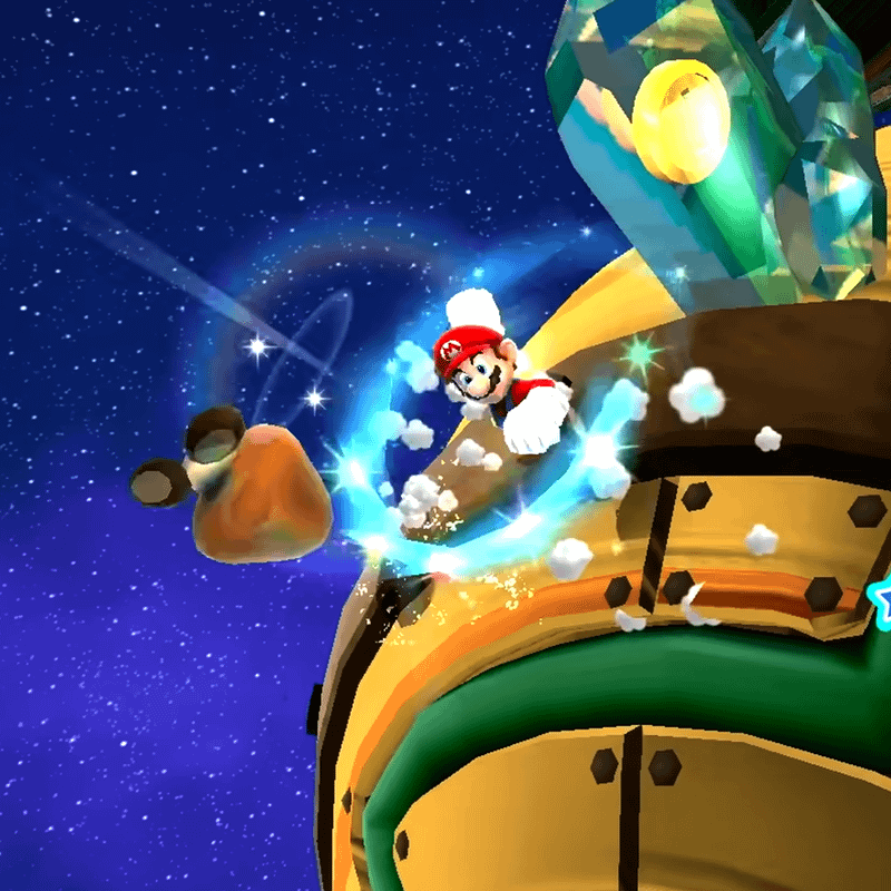 Mario hitting a Goomba with a star-spin in Super Mario Galaxy.