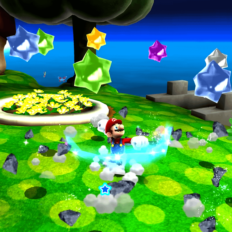 Mario doing a star-spin with star bits popping out from the ground in Super Mario Galaxy.