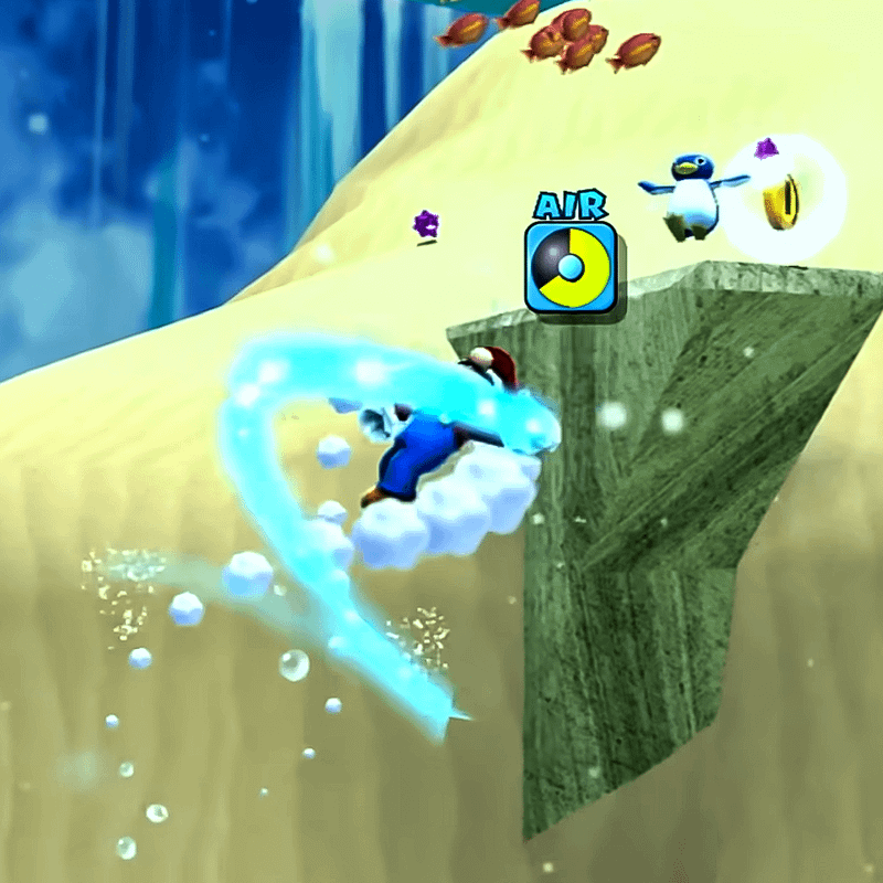 Mario doing a star-spin underwater in Super Mario Galaxy