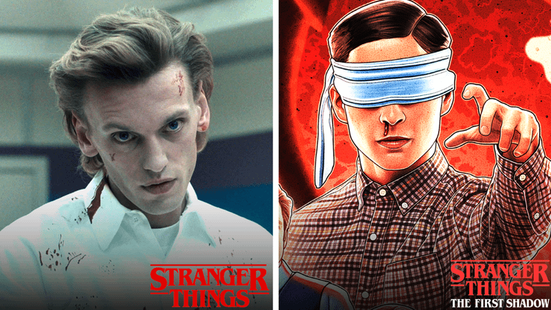 Jamie Campbell Bower's Henry Creel on the left and Henry Creel on the cover of Stranger Things: The First Shadow on the right.