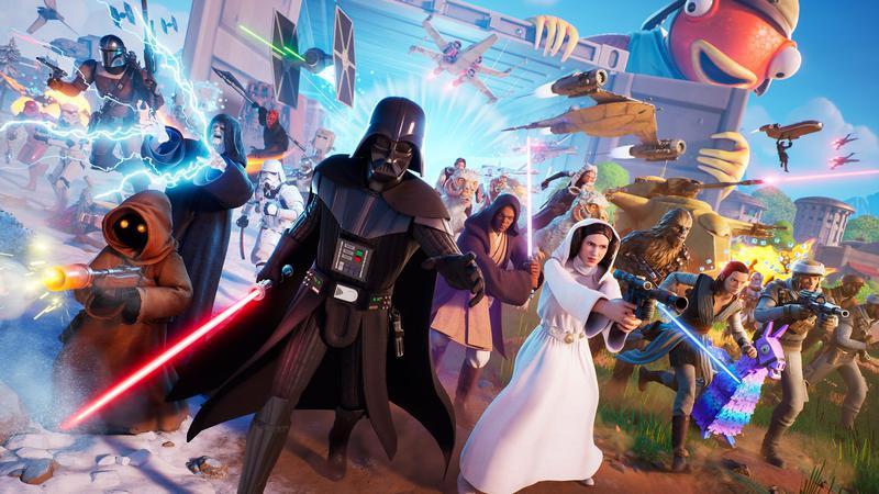Star Wars characters walking through a portal in Fortnite.