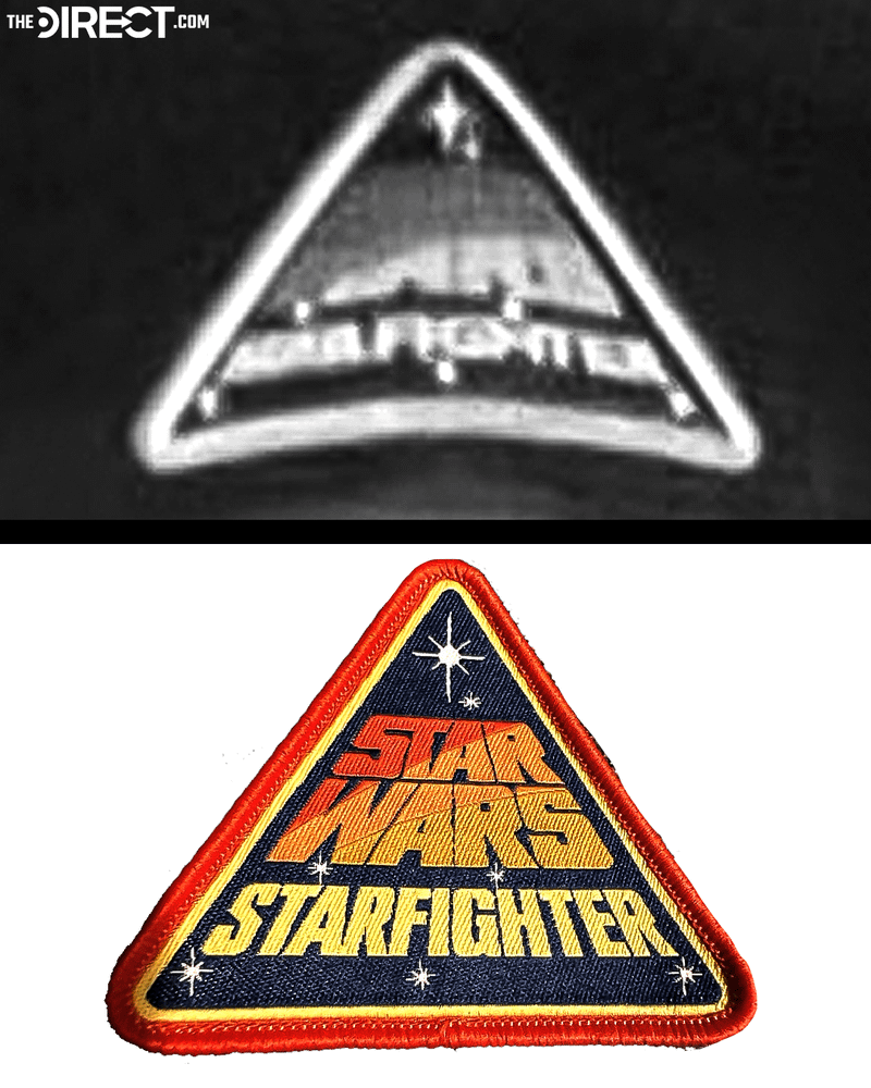 An image comparing the Star Wars: Starfighter logo on Aaron Pierre's hat to the color, high-definition image of the patch seen in fan photos.