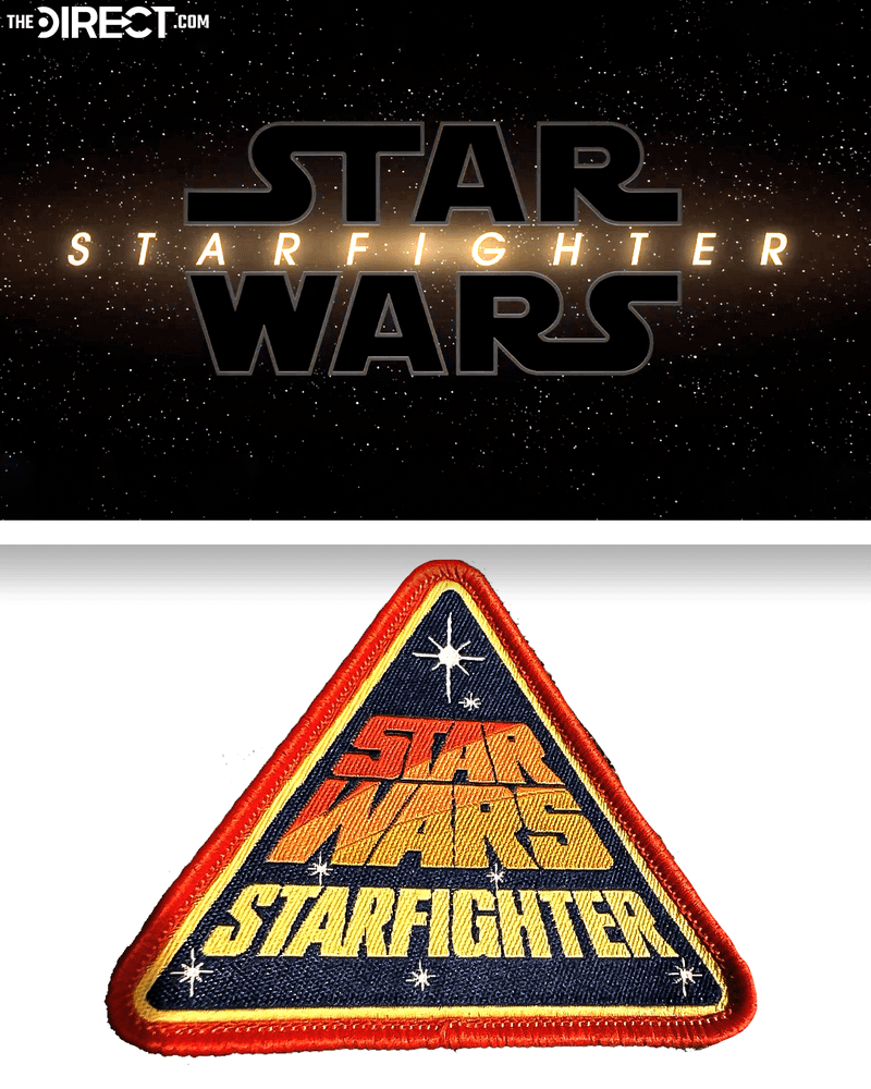 An image comparing a modern version of the Star Wars: Starfighter logo to the color, high-definition image of the patch seen in fan photos.