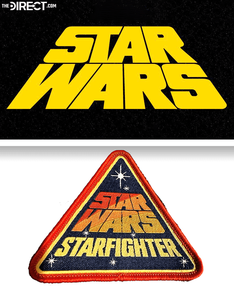 An image comparing an early Star Wars logo using yellow block lettering and a trianglular motif with the triangular Star Wars: Starfighter patch.