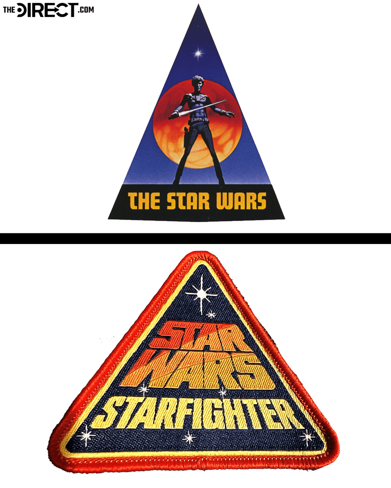 An image comparing an unused Star Wars logo, featuring Luke Skywalker standing with a lightsaber above the title 