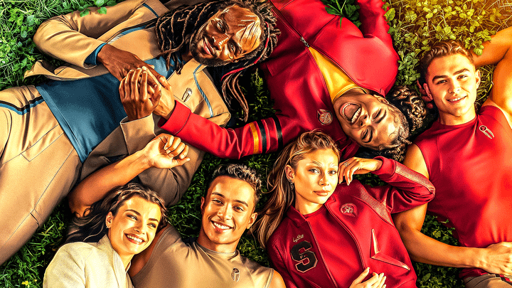 Star Trek: Starfleet Academy poster featuring the main characters lying on the ground.