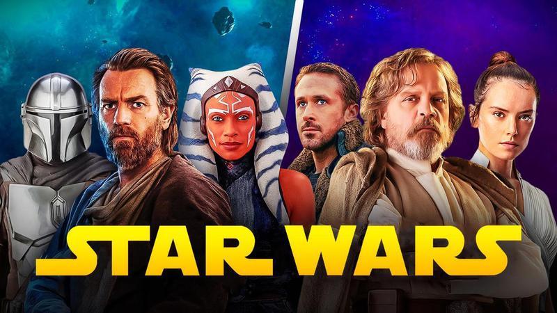 Mandalorian, Obi-Wan, Ahsoka, Ryan Gosling, Luke Skywalker, Rey with Star Wars logo.