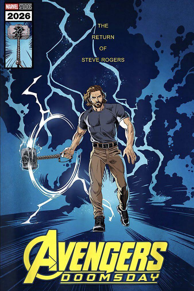 Avengers Doomsday, Chris Evans Steve Rogers, Return of Steve Rogers Mjolnir comic cover poster.