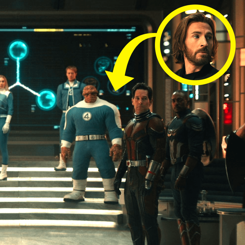 The Fantastic Four, Ant-Man, and Sam Wilson with Steve Rogers' picture and an arrow showing that he should be between Ben and Scott Lang.