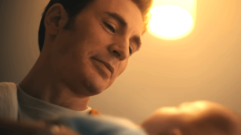 Chris Evans as Steve Rogers with baby in Avengers: Doomsday.