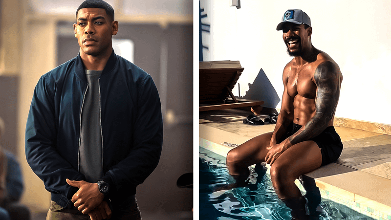 Aaron Pierre as John Stewart in 'Lanterns,' Aaron Pierre sitting by a pool in swim trunks and laughing.
