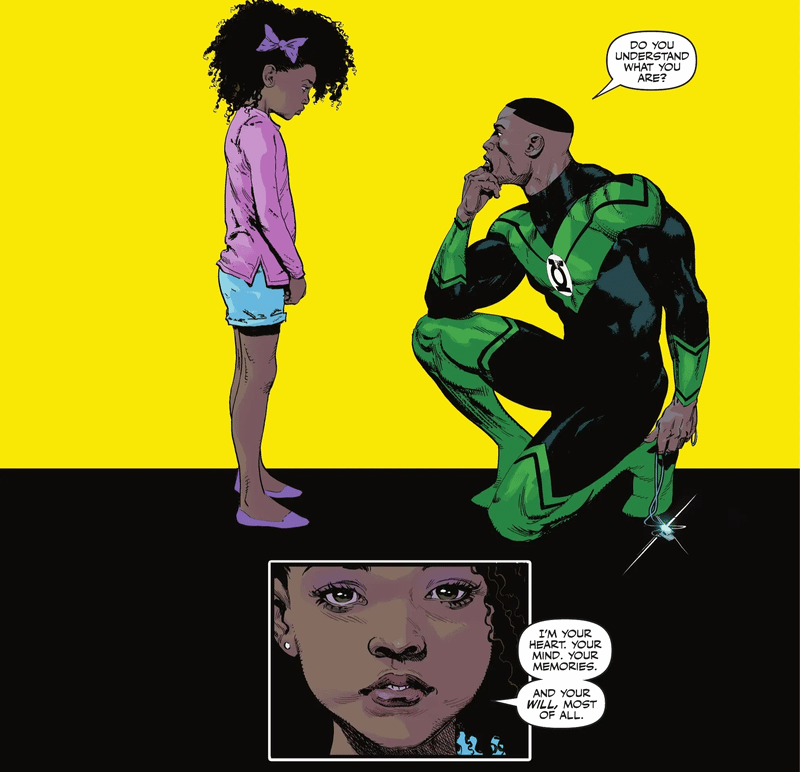 John Stewart making a living construct of his dead sister, Ellie Stewart, in Green Lantern: War Journal #5.