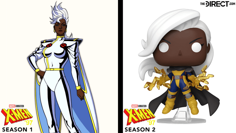 Storm in her silver costume in X-Men '97 alongside her Wasteland look on the right.