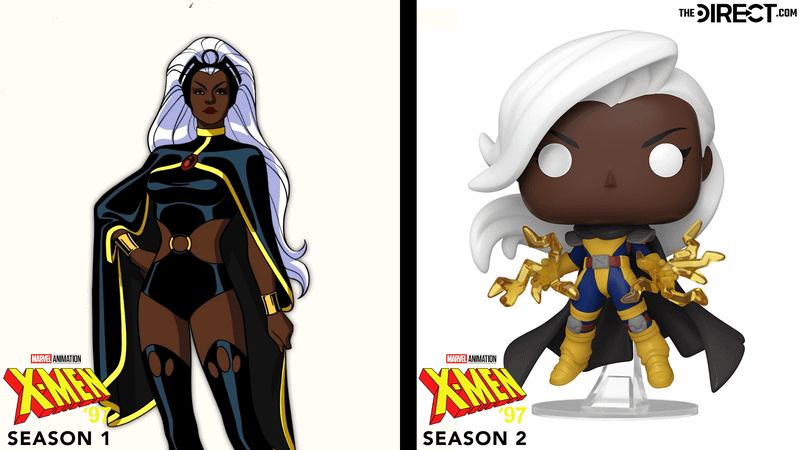 Storm in her black and gold costume on the left alongside her blue and yellow one on the right.