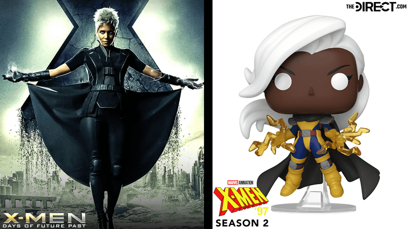 Halle Bery's costume in X-Men: Days of Future Past on the left and Storm's Funko action figure on the right.