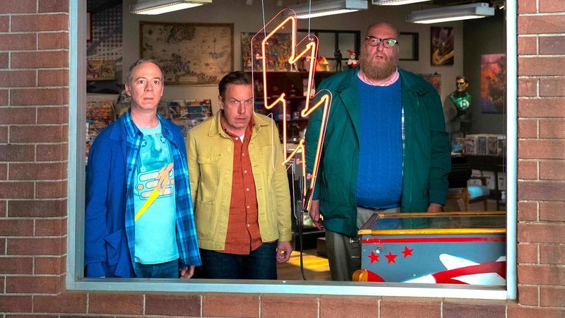 Stuart (Kevin Sussman), Barry Kripke (John Bowie), and Bert (Brian Posehn) in Stuart Fails to Save the Universe.