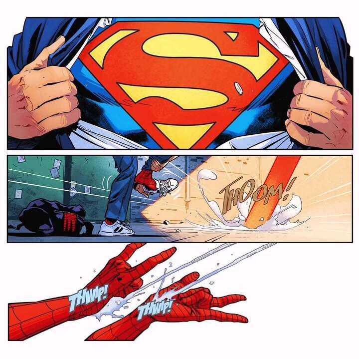 A comic book panel showing Superman opening his shirt to reveal the Superman logo on his chest, Spider-Man changing into his Spider-Man suit, and Spider-Man shooting his webs.