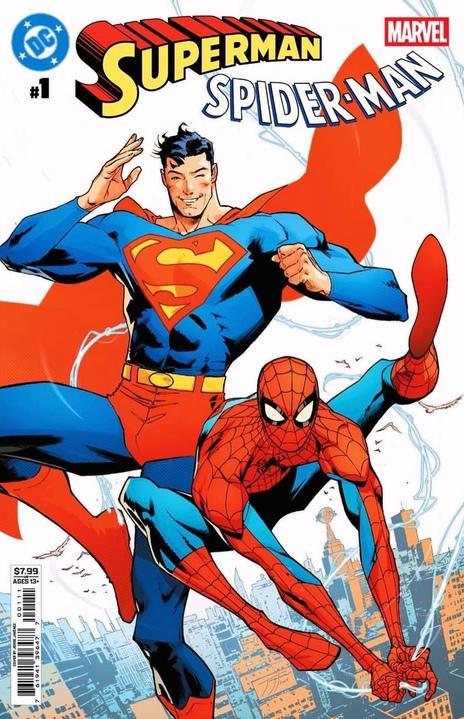 The cover for Superman/Spider-Man #1 showing Superman flying in the air and Spider-Man swinging beside him.