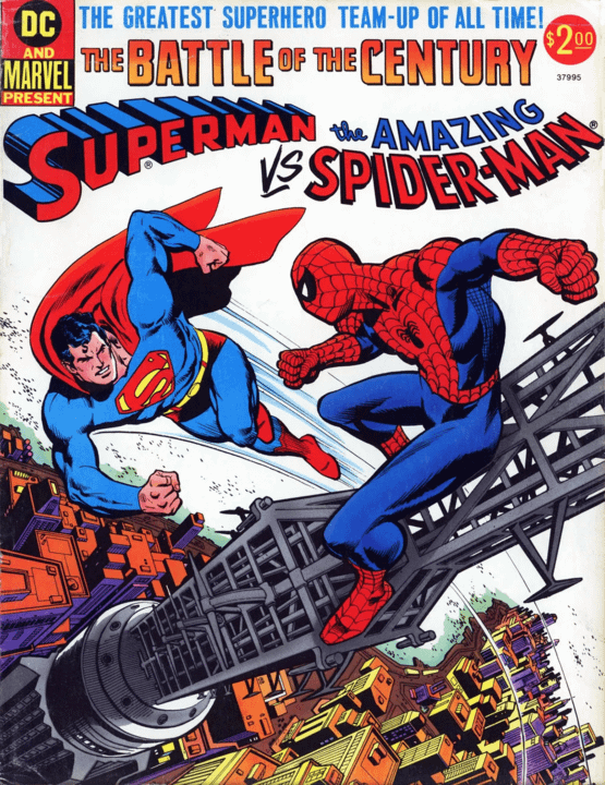 The cover for Superman vs. The Amazing Spider-Man: The Battle of the Century showing Superman fighting Spider-Man.