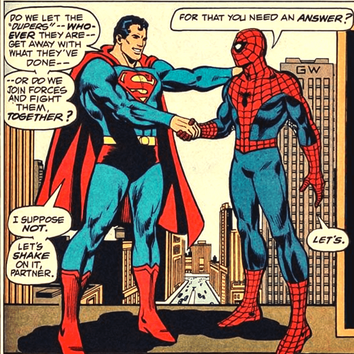 A comic panel showing Superman and Spider-Man shaking hands and agreeing to work together.